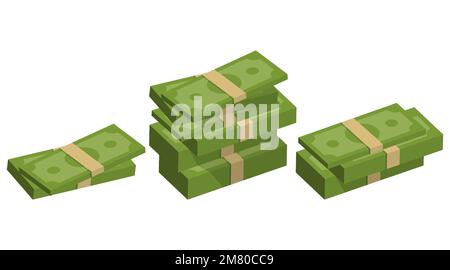Packing money banknotes. Set of green dollar in various bundles. Vector illustration. Eps 10. Stock Vector