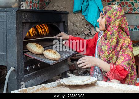 ARAB WOMAN MAKING THE TRADITIONAL BALADI BREAD, SAQQARA NECROPOLIS FROM THE OLD KINGDOM, REGION OF MEMPHIS, FORMER CAPITAL OF ANCIENT EGYPT, CAIRO, EGYPT, AFRICA Stock Photo