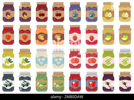 Glass jar with jam. Jars with labels fruit jam. Autumn harvesting and canning set. Jars with pickled and canned vegetables. Vector illustration. Eps 1 Stock Vector