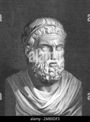 Sophocles. Bust of the ancient Greek tragedian, Sophocles (c. 497/6-406/5 BC), engraving by Giuseppe Longhi (Artist), Gaetano Bosa (Engraver) Stock Photo