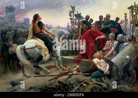 Vercingetorix (c. 80-46 BC). Painting entitled ' Vercingetorix throws down his arms at the feet of Julius Caesar' by Henri-Paul Motte  (1846–1922), oil on canvas, 1899