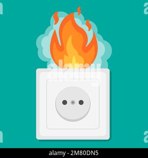Fire wiring. Socket on fire from overload. Electrical safety concept. Short circuit electrical circuit. Vector illustration. Eps 10. Stock Vector