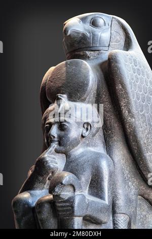 STATUE OF RAMSES II AS A CHILD PROTECTED BY HORUS, THE SUN GOD WITH A FALCON'S HEAD, EGYPTIAN MUSEUM OF CAIRO DEVOTED TO EGYPTIAN ANTIQUITY, CAIRO, EGYPT, AFRICA Stock Photo