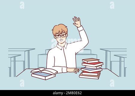 Boy high school student sits at desk with textbooks and workbooks and pulls hand up. Lonely schoolboy in white shirt and glasses wants to answer teacher question or take exam. Flat vector design Stock Vector