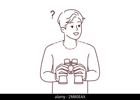 Smiling young man feeling confused holding binoculars in hands. Happy male frustrated looking in binocular finding solution. Exploration and discovery.  Stock Vector