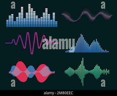 Frequency audio waveform, music wave HUD interface elements, voice graph signal. Vector audio electronic color wave set. Vector illustration. Eps 10. Stock Vector