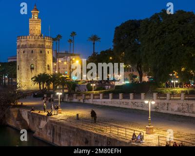 Night view of the Torre del Oro of Seville by the Guadalquivir River Stock Photo