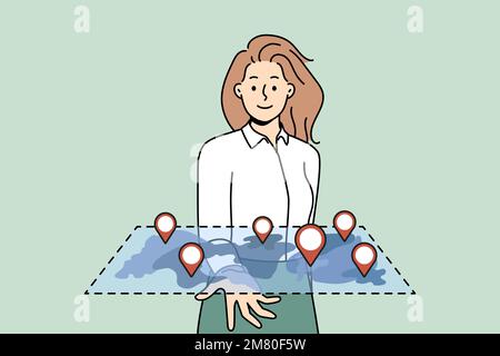 Smiling businesswoman holding map with marked locations on hand. Happy woman look at digital plan with GPS marks. Vector illustration.  Stock Vector
