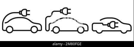 Electric car icon. Electrical automobile cable contour and plug charging black symbol. Vector illustration. Eps 10. Stock Vector