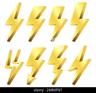 3D lightning bolts vector logo set. Power and electric symbols. Vector illustration. Eps 10. Stock Vector