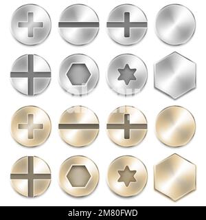 A set of screw, nuts, bolt and rivet head design elements. Vector illustration. Eps 10. Stock Vector