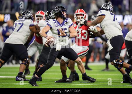 TCU Horned Frogs quarterback Max Duggan (15) throws during the College Football Playoff National Championship against the Georgia Bulldogs, Monday, Ja Stock Photo