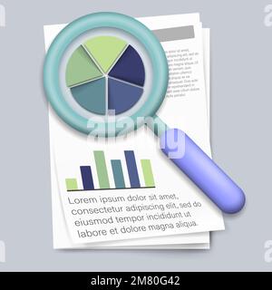 Papers with business report and magnifying glass Vector illustration. Eps 10. Stock Vector