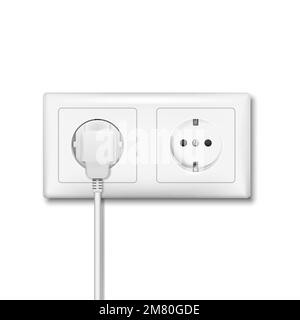 Realistic plug inserted in electrical outlet. Electric plugs and socket. Vector illustration. Eps 10. Stock Vector