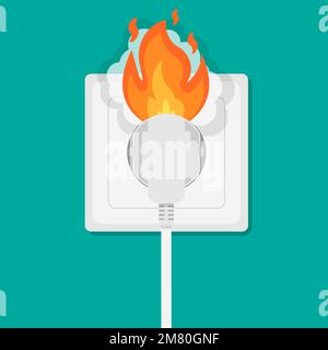 Fire wiring. Socket and plug on fire from overload. Electrical safety concept. Short circuit electrical circuit. Vector illustration. Eps 10. Stock Vector