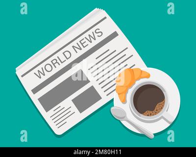 Newspaper and up of coffee with croissant and spoon icon. Vector illustration. Eps 10. Stock Vector