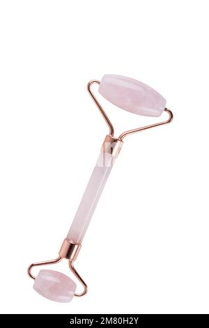 Pink jade roller for face massage isolated on white background Stock Photo