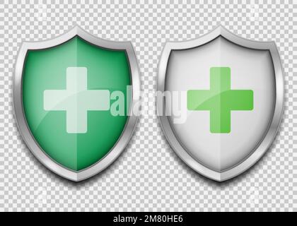 Medical health protection shield with cross. Healthcare medicine protected steel guard shield concept. Vector illustration. Eps 10. Stock Vector