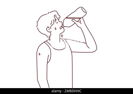 Thirsty young man suffer from heatstroke drinking water from bottle. Guy enjoy clean still liquid struggle with thirst or heat. Vector illustration.  Stock Vector