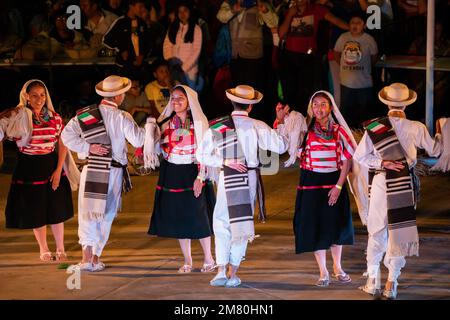 Dancers from Tlaxiaco perform a traditional dance at the Guelaguetza in San Antonino Castillo Velasco, Oaxaca, Mexico. Stock Photo