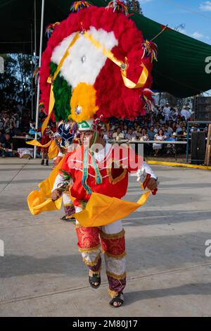 Dancers from Villa de Zaachila perform the Danza la Pluma at the Guelaguetza in San Antonino , Oaxaca, Mexico. Stock Photo