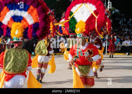 Dancers from Villa de Zaachila perform the Danza la Pluma at the Guelaguetza in San Antonino , Oaxaca, Mexico. Stock Photo