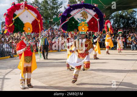 Dancers from Villa de Zaachila perform the Danza la Pluma at the Guelaguetza in San Antonino , Oaxaca, Mexico. Stock Photo