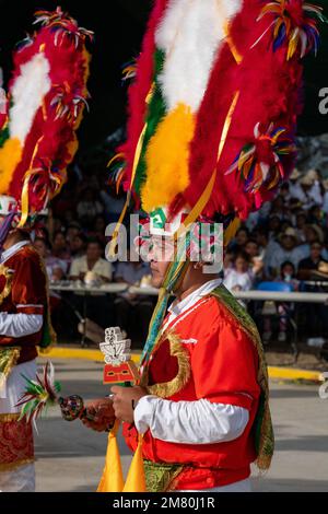 Dancers from Villa de Zaachila perform the Danza la Pluma at the Guelaguetza in San Antonino , Oaxaca, Mexico. Stock Photo