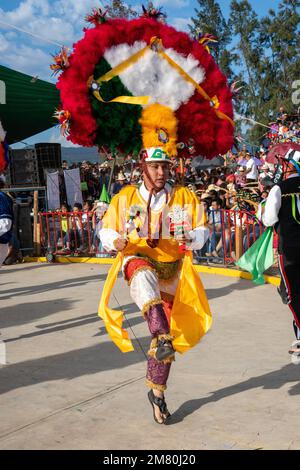 Dancers from Villa de Zaachila perform the Danza la Pluma at the Guelaguetza in San Antonino , Oaxaca, Mexico. Stock Photo