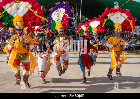 Dancers from Villa de Zaachila perform the Danza la Pluma at the Guelaguetza in San Antonino , Oaxaca, Mexico. Stock Photo