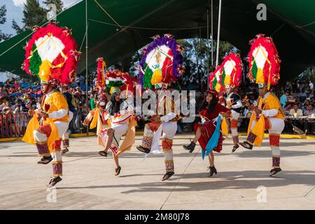 Dancers from Villa de Zaachila perform the Danza la Pluma at the Guelaguetza in San Antonino , Oaxaca, Mexico. Stock Photo