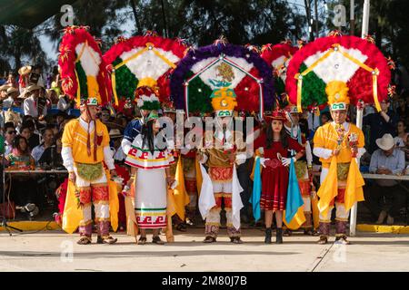 Dancers from Villa de Zaachila perform the Danza la Pluma at the Guelaguetza in San Antonino , Oaxaca, Mexico. Stock Photo