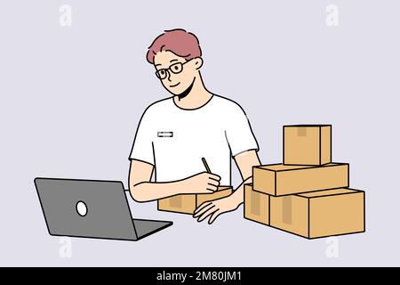 Young man in glasses look at laptop sign parcels at post. Smiling male worker write address and receiver on package in postal office. Vector illustration.  Stock Vector