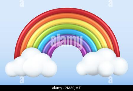 3d colorful rainbow with clouds. Vector illustration. Eps 10. Stock Vector