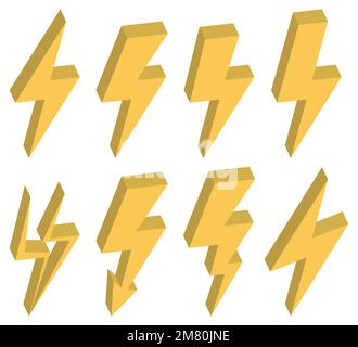 3D lightning bolts vector logo set. Power and electric symbols. Vector illustration. Eps 10. Stock Vector