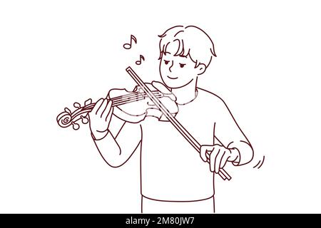 Happy young man playing on violin enjoying music. Smiling guy play on musical instrument. Hobby and entertainment. Vector illustration.  Stock Vector