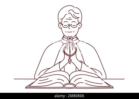 Calm priest in robe holding rosary praying with bible in church. Happy pastor pray to god in cathedral. Religion and faith. Vector illustration.  Stock Vector