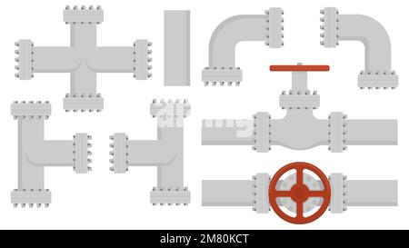 Collection of metal pipes. Steel pipelines, plastic tubes, valves and flanges, water drains. Connection system concept. Vector illustration. Eps 10. Stock Vector