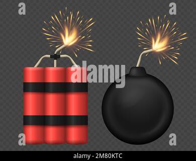 Dynamite Bomb with Burning Wick and black sphere bomb. Vector illustration. Eps 10. Stock Vector