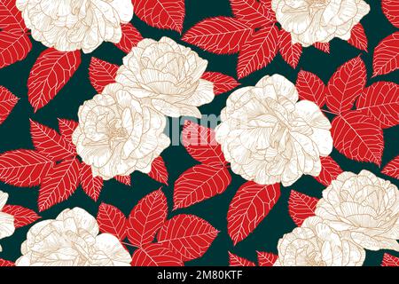 Floral seamless pattern with white and beige roses and red leaves on dark blue green backdrop. Hand drawn contour lines. Wallpaper design for textiles, paper, print, fashion, fabric, card background Stock Vector