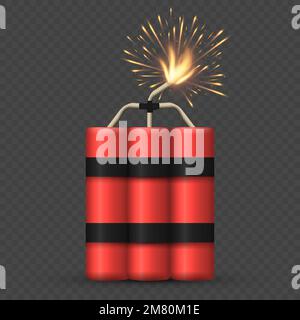 Realistic bunch of red detonate dynamite bomb sticks with fire flash. Vector illustration. Eps 10. Stock Vector