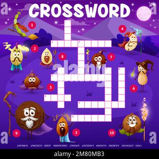 Crossword grid, cartoon nuts mage and wizard characters, vector quiz game for kids. Coconut and walnut sorcerer with almond, cashew and peanut witch magician to guess word on crossword worksheet Stock Vector