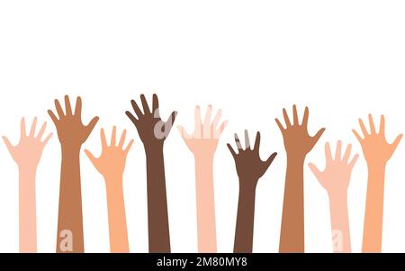 Multi-ethnic and Diverse Hands Raised Up. Charity, crowd, workforce, community concept. Vector illustration. Eps 10. Stock Vector