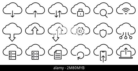 Cloud service and network related line icons. Database and online storage line icon set. Vector illustration. Eps 10. Stock Vector