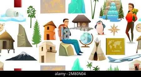 World geography items seamless pattern. Cartoon style. Travel items and plants trees of climatic zones. Dwellings of different peoples of countries Stock Vector