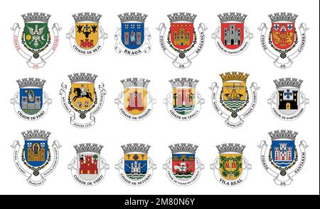 Portugal coat of arms. Portuguese districts heraldic emblems, vector heraldry. Portugal coat of arms of provinces, Portuguese official state symbols with crests, shields and heraldic signs Stock Vector