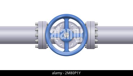 Oil, gas or water flowing through pipe. Pipeline construction with valve isolated. Industrial system. Vector illustration. Eps 10. Stock Vector
