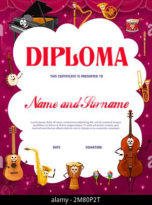 Kids diploma cartoon musical instrument characters. Educational music school vector certificate template with cute grand piano, guitar, saxophone and jembe drum. Double bass, banjo, harp and horn Stock Vector