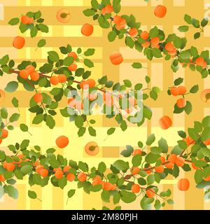 Branches apricot tree with ripe fruits. Yellow background picture. Garden plant with edible harvest. Seamless pattern composition. Branch with foliage Stock Vector