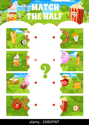 Match the half of cartoon fast food and desserts characters kids game worksheet. Vector puzzle quiz with fastfood personages, matching game of cute egg burger, popcorn, chicken legs and corn dog Stock Vector